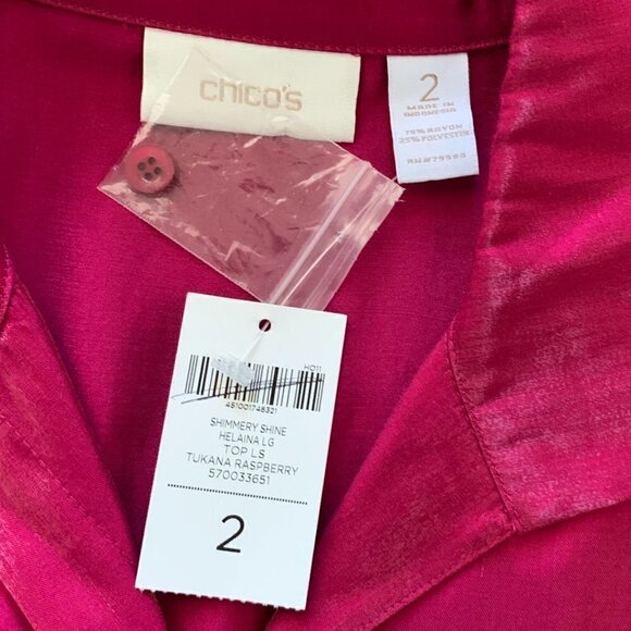 CHICO'S Shimmery Shine Helaina Long Top Button Down Raspberry Sz 2 (L/12) #10N - Picture 7 of 8